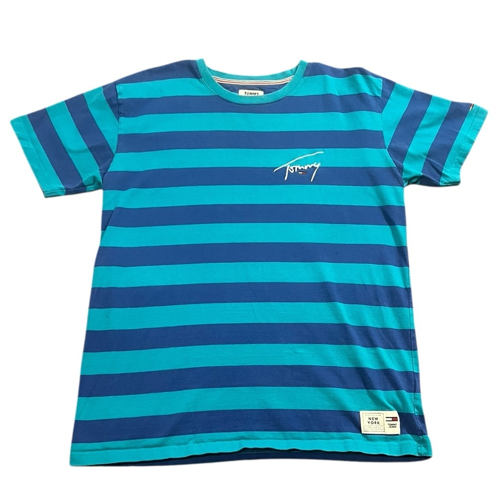 Tommy Jeans Signature Striped Embroidered T-Shirt Mens Extra Large Teal Blue XL